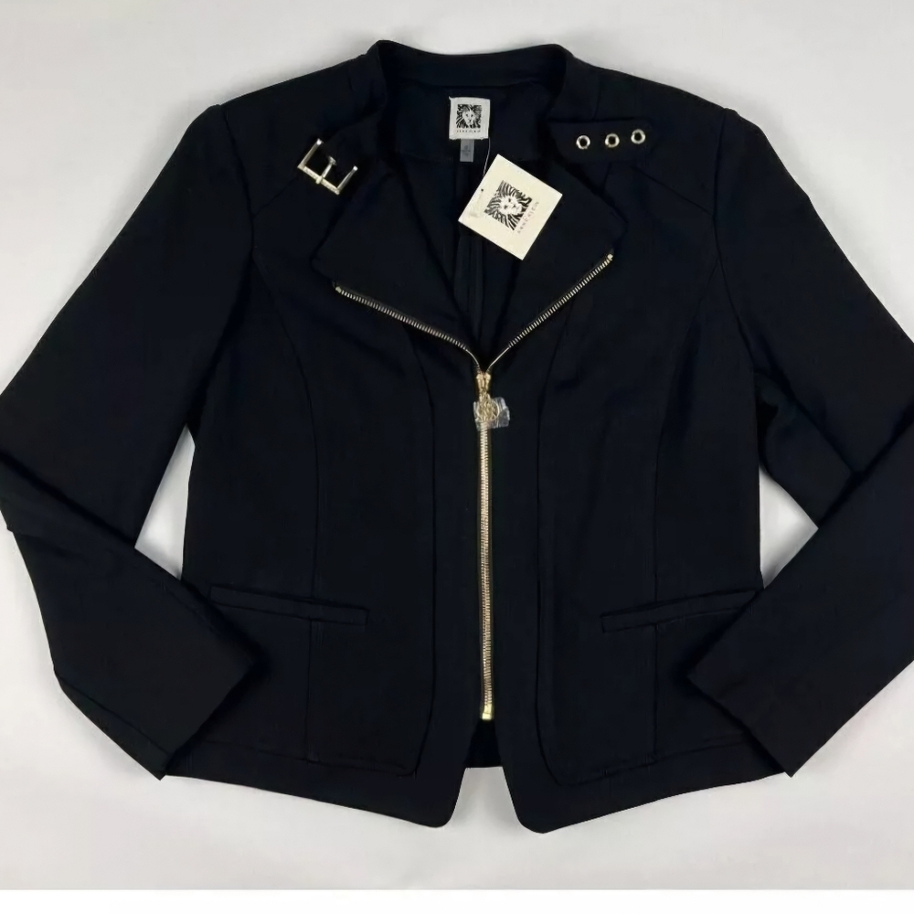 NEW! Anne Klein Women's Large  Zip-Front Moto Jacket In Black NWT